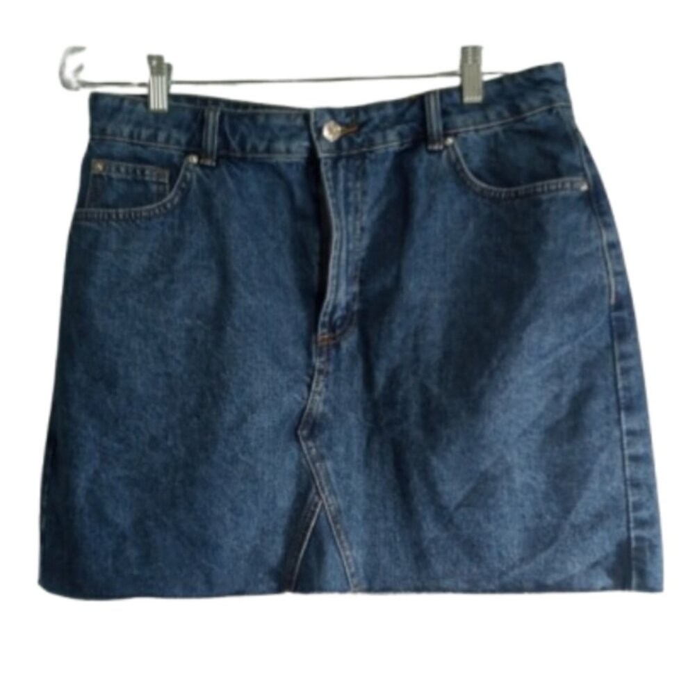 Primark Denim Co. Jean Skirt Mini Sz 12 Darker Blue 5 Pocket Belt Loops Raw Hem